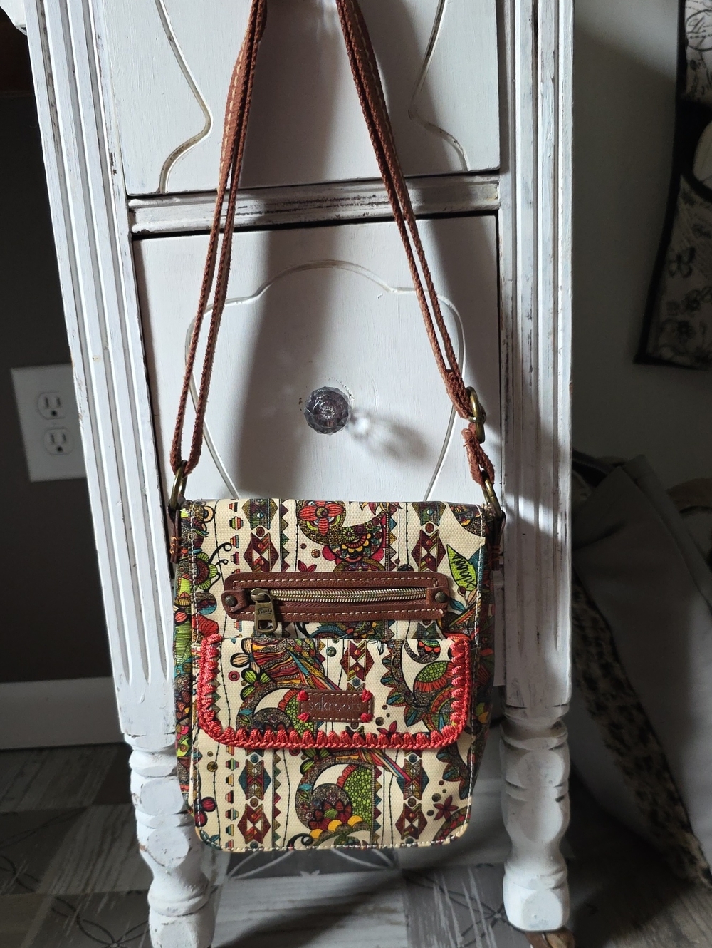 Sakroots Cream Floral Paisley Crossbody with Brown Trim